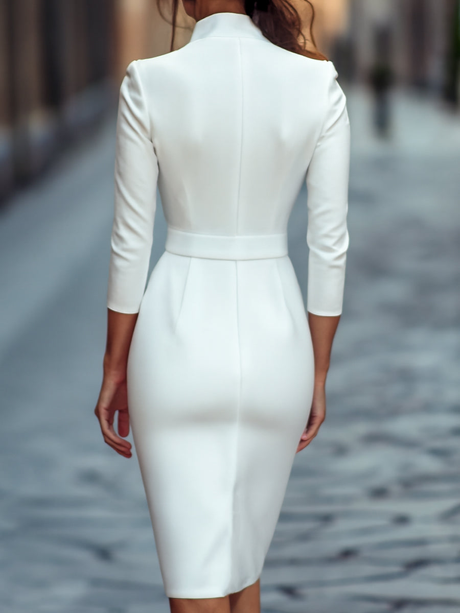 Elegant women's midi dress with a mandarin collar, sheath silhouette, and a stylish waist-cinching belt.