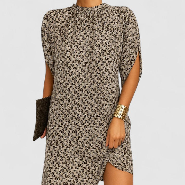 Women's patterned mock neck midi dress with sophisticated batwing split sleeves. Elegant spring/casual wear.
