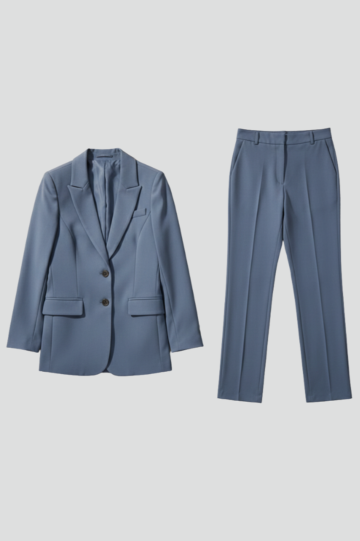 Women's elegant notched lapel blazer & straight leg trousers two-piece set, perfect professional wear.