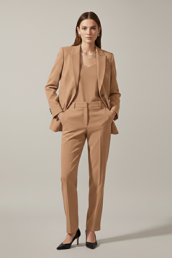 Waist and straight leg detail of women's formal trousers, part of a two-piece professional suit set.