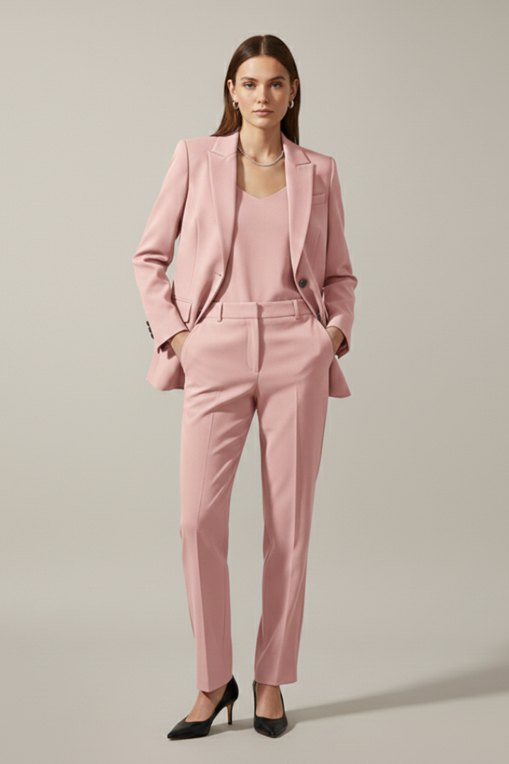 Model wearing women's elegant notched lapel blazer and straight leg trousers two-piece business suit set.