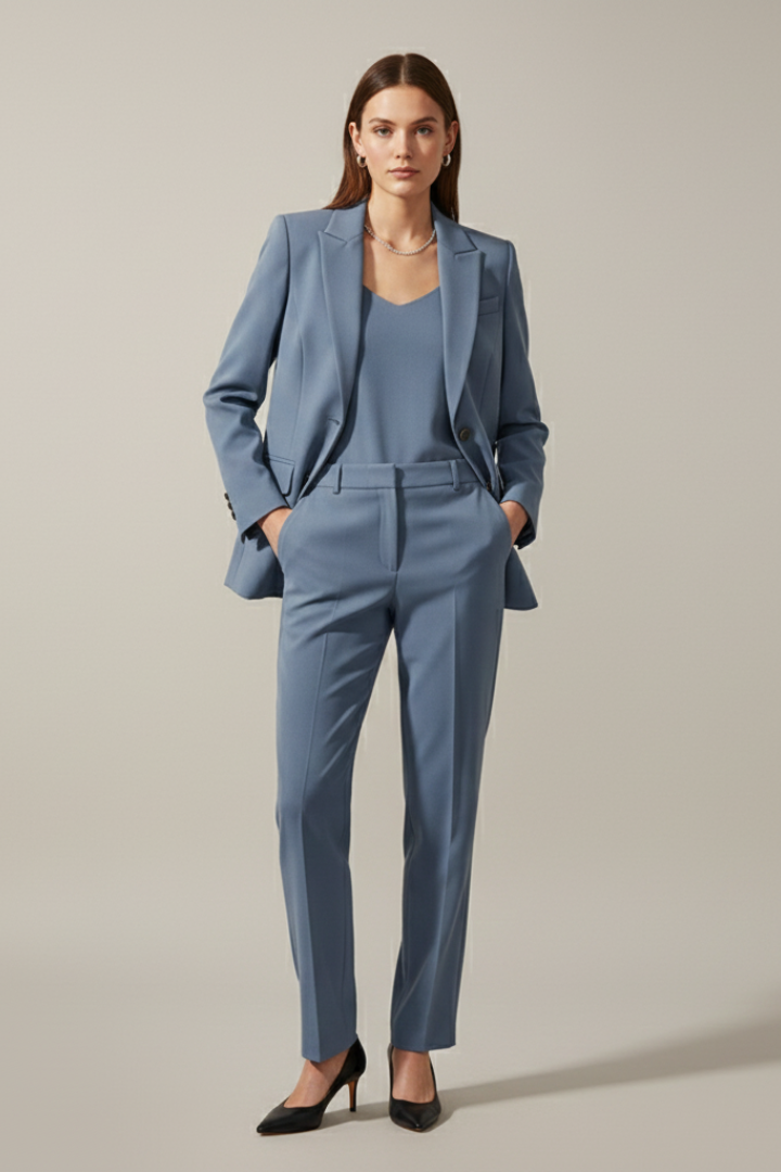 Close-up of women's notched lapel blazer, highlighting professional tailoring & buttons for business attire.