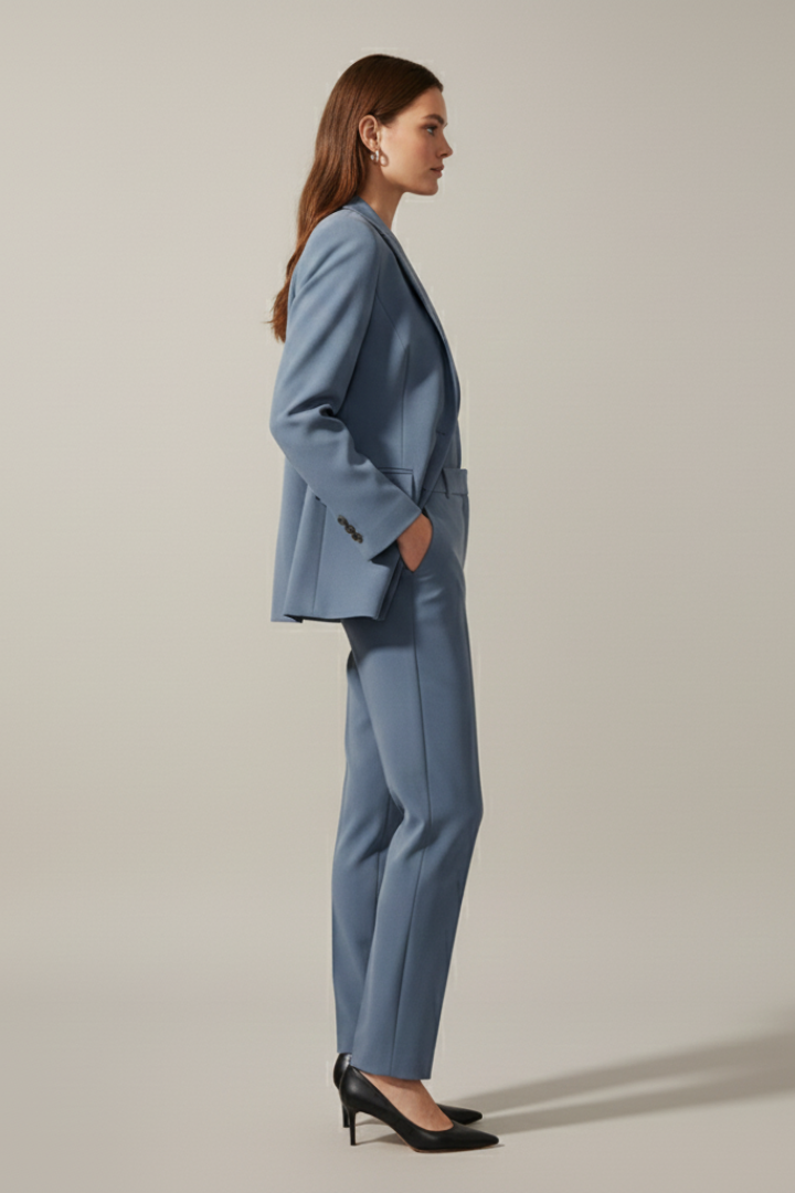 Detail of women's straight leg trousers, showcasing sleek fit & professional style for a formal suit set.