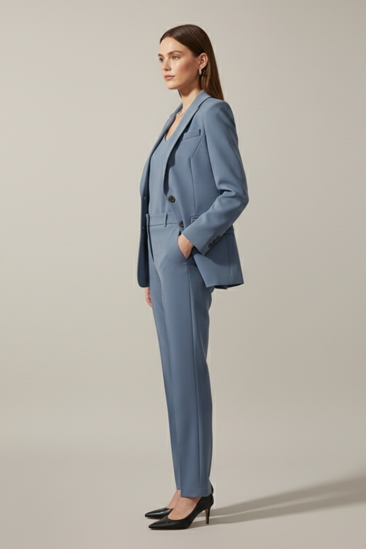 Back view of women's formal two-piece outfit: structured blazer & elegant straight leg trousers set.