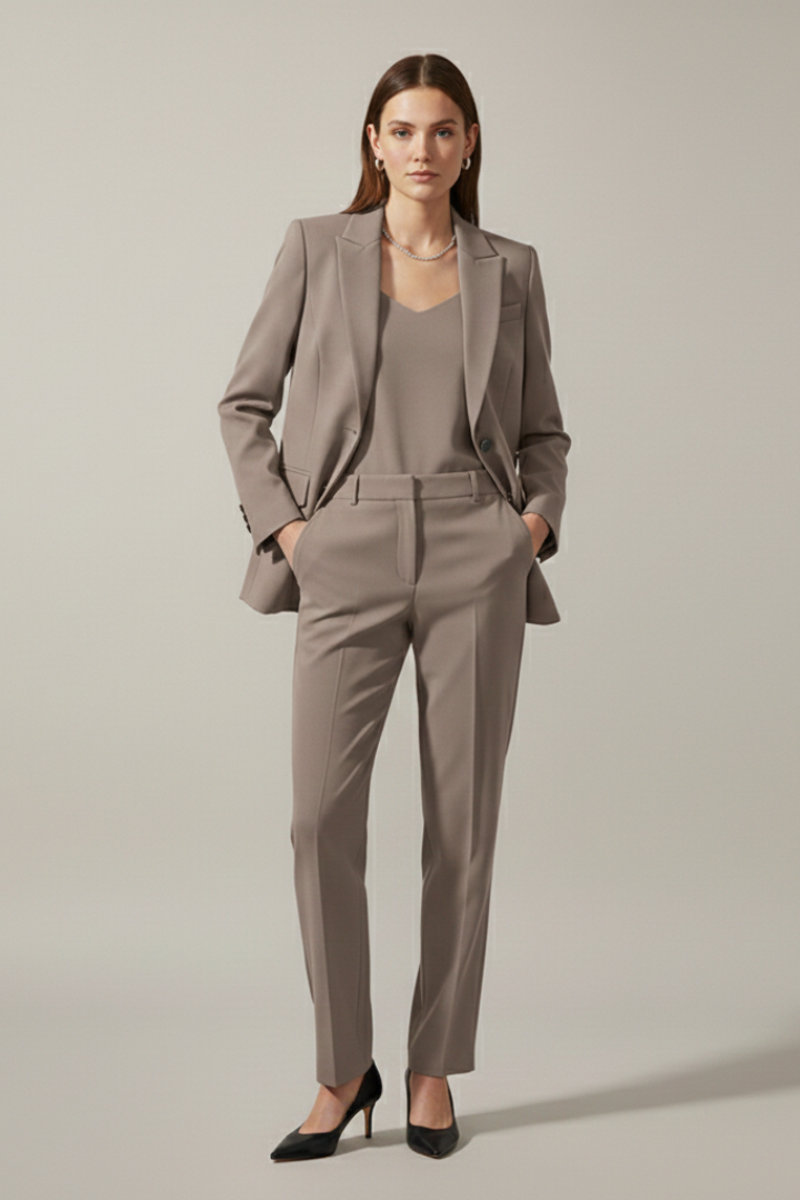 Women's notched lapel blazer & straight leg trousers styled for sophisticated professional business wear.