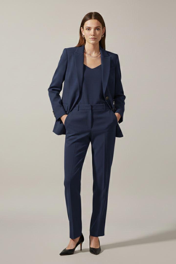 Elegant women's notched lapel blazer and straight leg trousers set, ideal for versatile office fashion.
