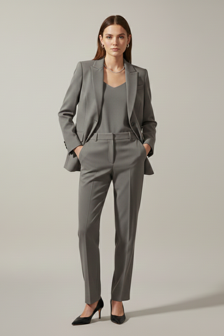 Versatile women's notched lapel blazer & straight leg trousers suit set, perfect for business or events.