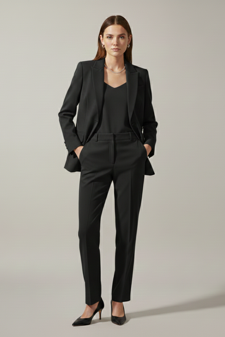 Close-up of the elegant notched lapel on a women's professional blazer, emphasizing sophisticated design.
