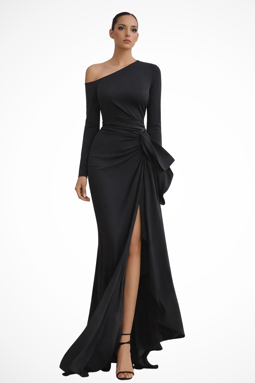 Women's elegant one-shoulder long-sleeve ruched maxi dress with high slit, perfect for formal events.