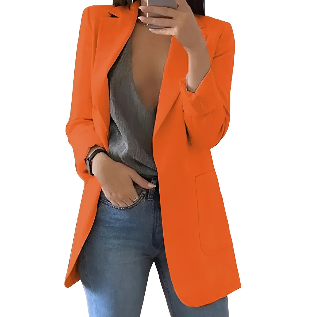 Tailored hip-length women's blazer with an open front. A chic & professional addition to any wardrobe.