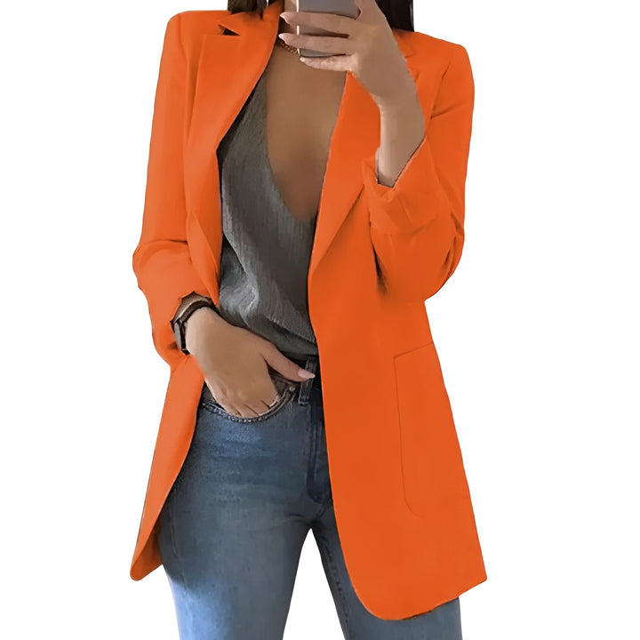 Tailored hip-length women's blazer with an open front. A chic & professional addition to any wardrobe.