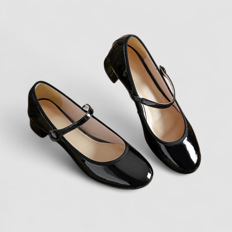 Shiny patent leather look Mary Jane dress shoes for women, featuring a comfortable block heel and elegant round toe.