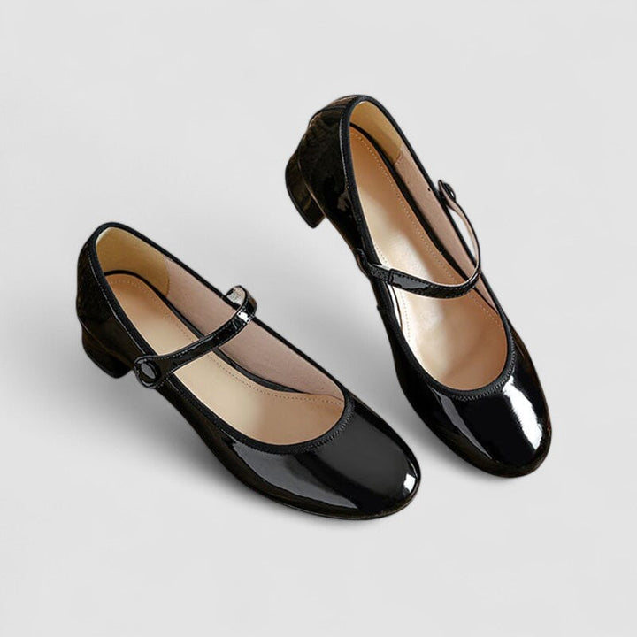 Shiny patent leather look Mary Jane dress shoes for women, featuring a comfortable block heel and elegant round toe.