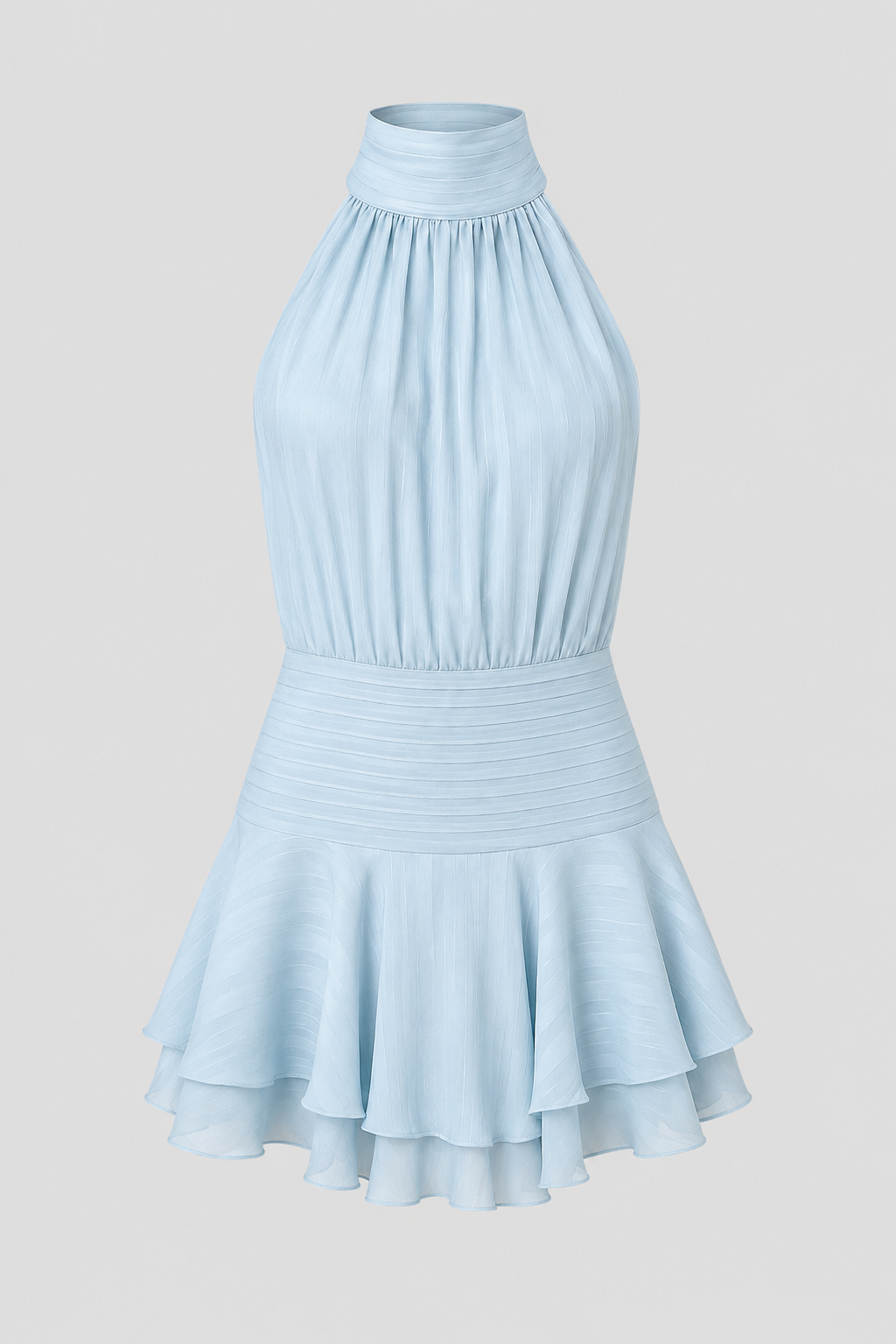Women's elegant pearl embellished high-neck mini dress. Perfect sleeveless party dress for special occasions.