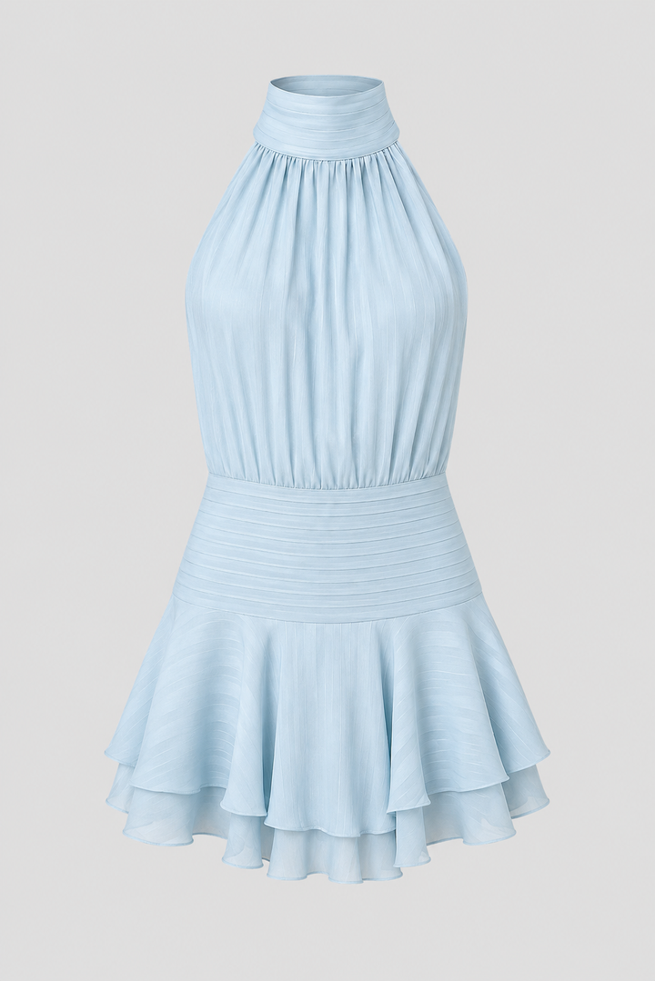 Women's elegant pearl embellished high-neck mini dress. Perfect sleeveless party dress for special occasions.