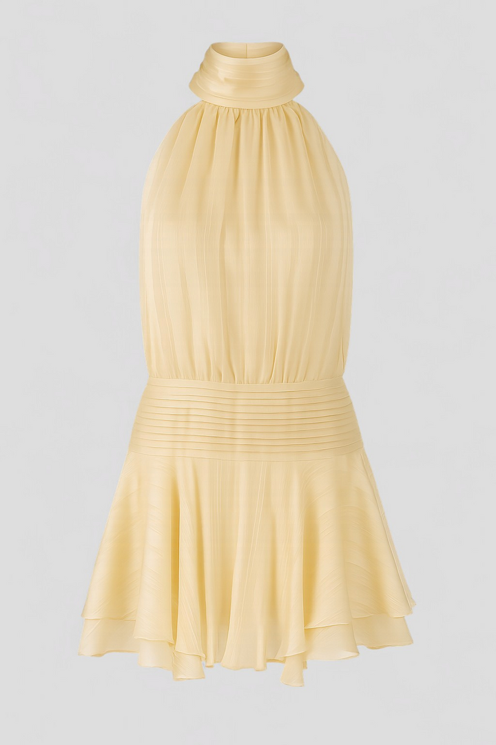 Chic blue pearl embellished high-neck mini dress, a sophisticated women's cocktail dress for parties.