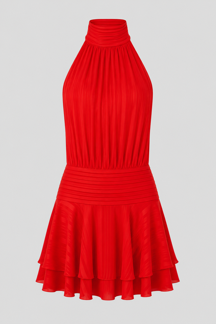 Stylish yellow high-neck mini dress for women, with delicate pearl details. An elegant choice for parties.