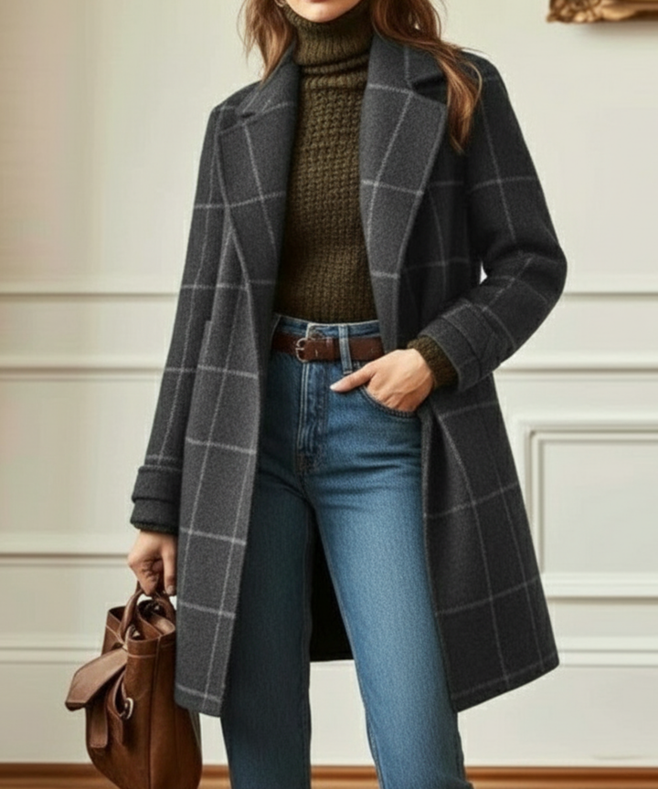 Classic women's elegant plaid check coat with a sophisticated lapel design, ideal for winter fashion.