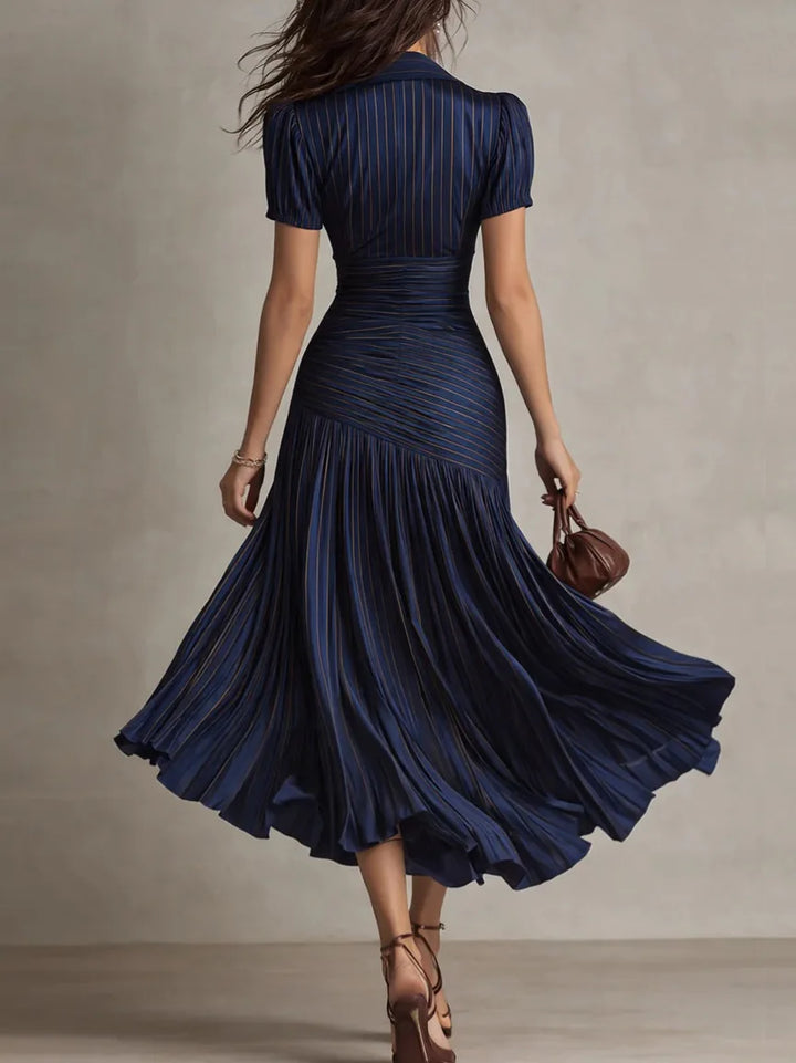Flattering A-line silhouette: women's pleated midi dress with an elegant collar, ideal for special events.