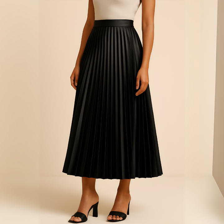 Women's elegant pleated high-waist midi skirt in a versatile solid color.