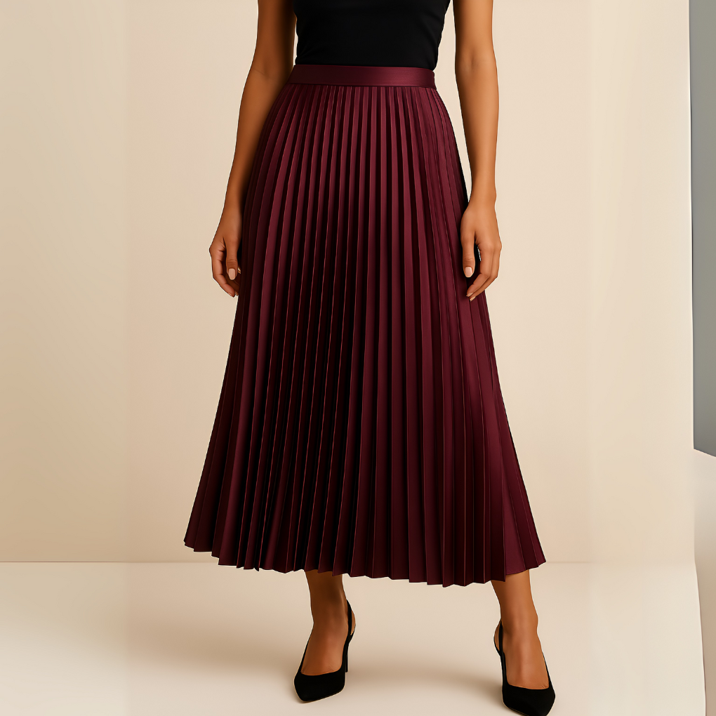 Chic women's high-waist pleated midi skirt, perfect for formal wear or elegant casual outfits.