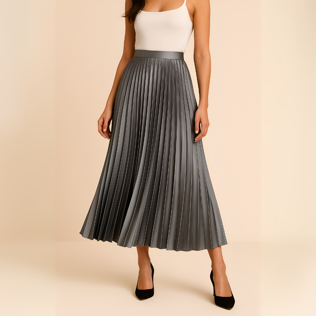 Flowing pleated high-waist midi skirt for women, offering an elegant silhouette for any occasion.