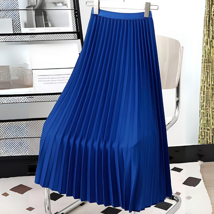 Elegant women's high-waist pleated midi skirt, ideal for evening wear or sophisticated casual chic.