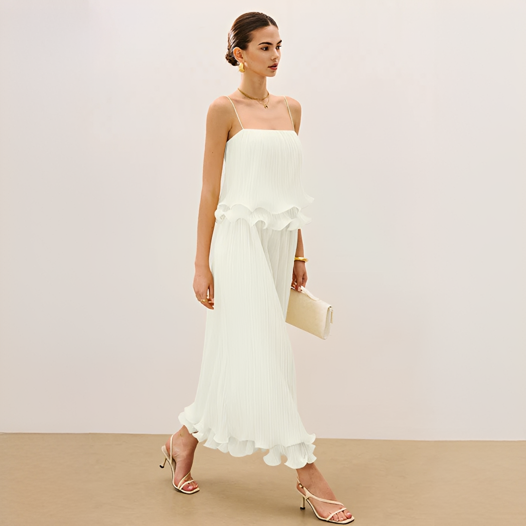 Elegant women's matching pleated maxi co-ord set with chic ruffle accents. Perfect occasion wear for women.