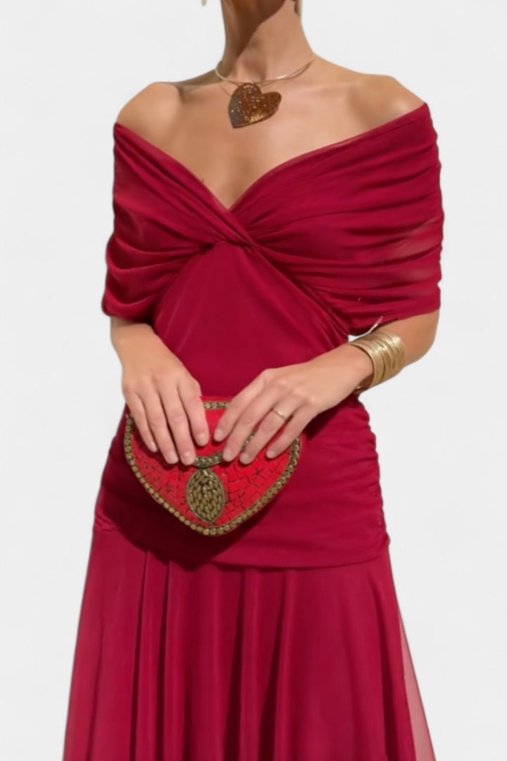 Chic women's formal occasion wear, pleated maxi dress with V-neck for elegance.