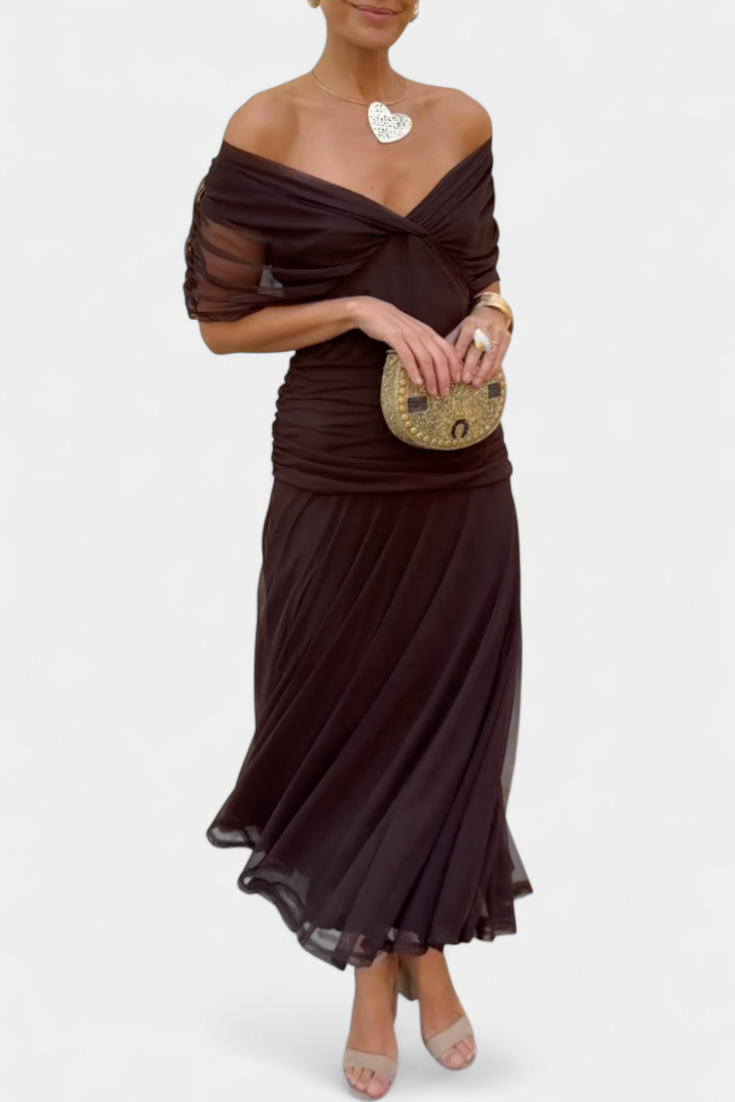 Stunning women's long maxi dress with pleated waist, perfect for formal events & parties.