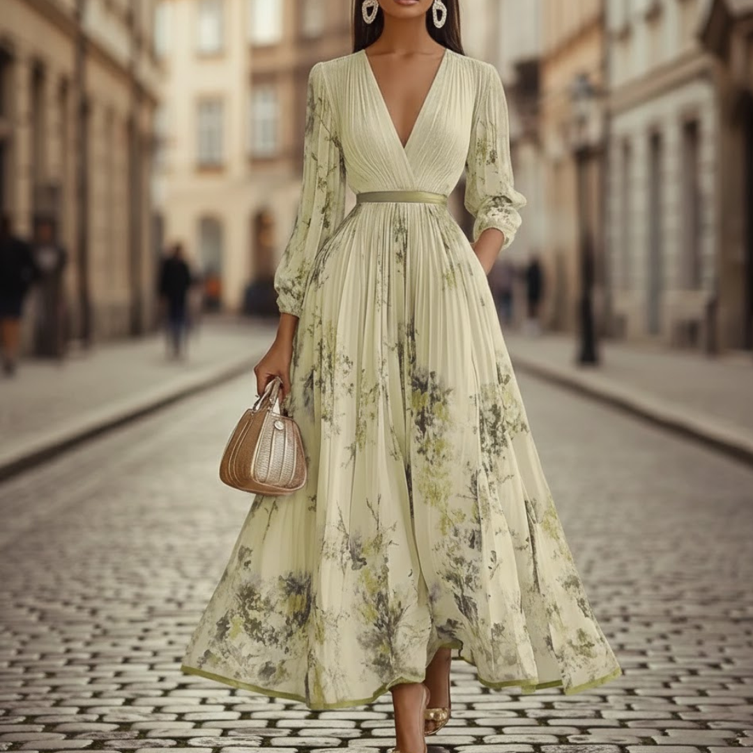 Women's elegant pleated maxi dress with a V-neckline and vibrant floral pattern, perfect for spring events.