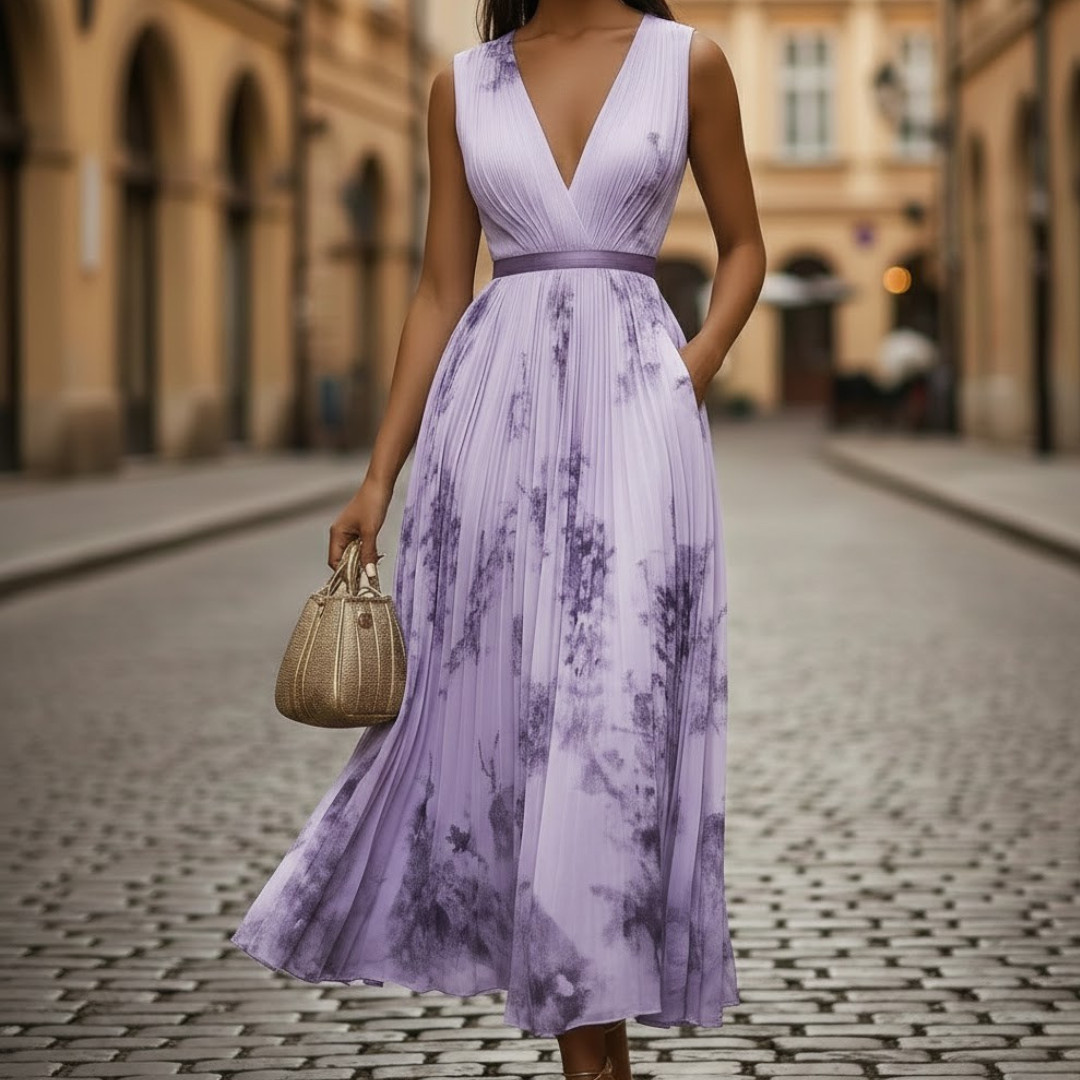Flowy women's floral pleated maxi dress, V-neck, comfortable for casual summer days or semi-formal occasions.