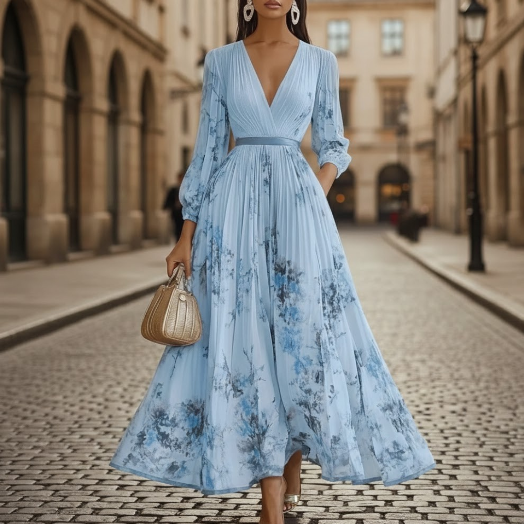 Close-up of a women's V-neck pleated maxi dress showing delicate floral print & flowing fabric detail.