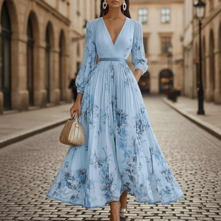 Close-up of a women's V-neck pleated maxi dress showing delicate floral print & flowing fabric detail.