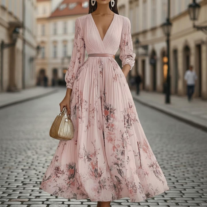 Stylish women's long floral maxi dress, pleated with V-neck, ideal as a versatile spring or summer outfit.