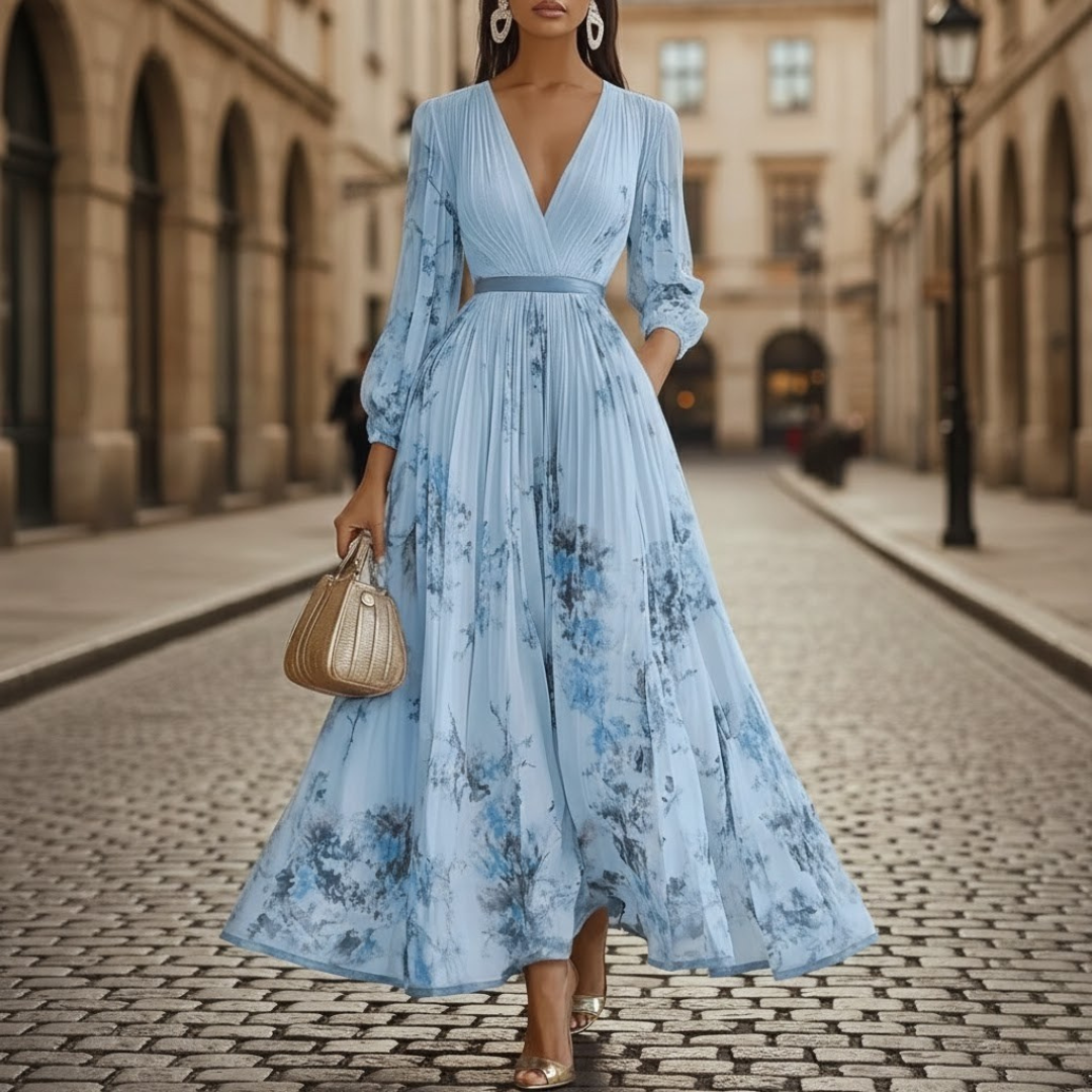 Full length view of a women's V-neck floral pleated maxi dress, showcasing its flattering silhouette.