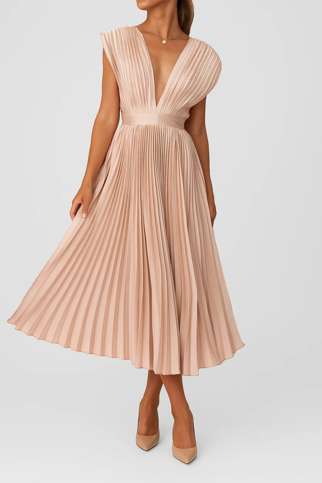 Women's elegant pleated V-neck midi dress with cap sleeves, perfect for a wedding guest or formal event.