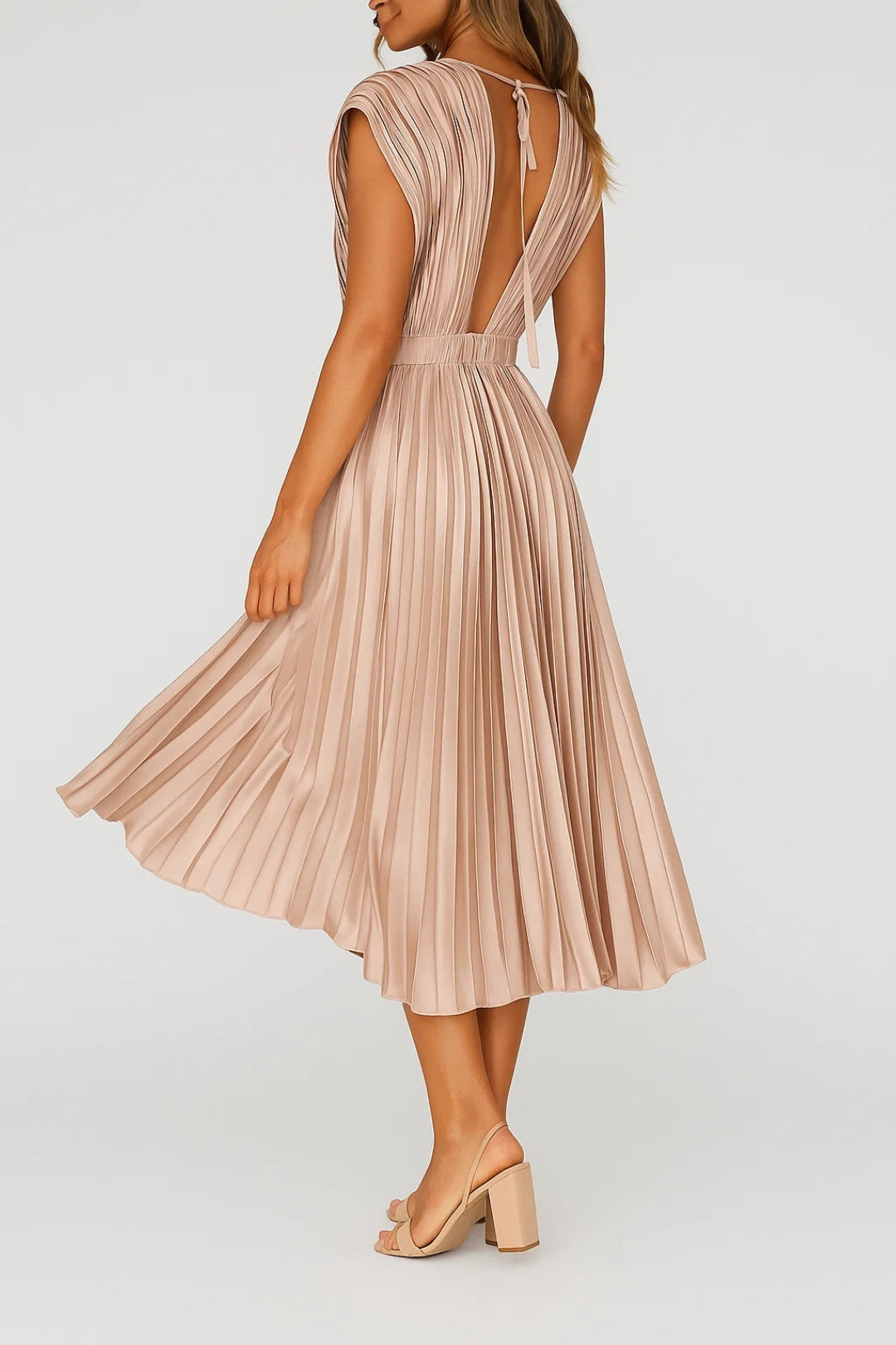 Chic women's V-neck pleated midi dress, a stylish and elegant choice for cocktail parties or special occasions.