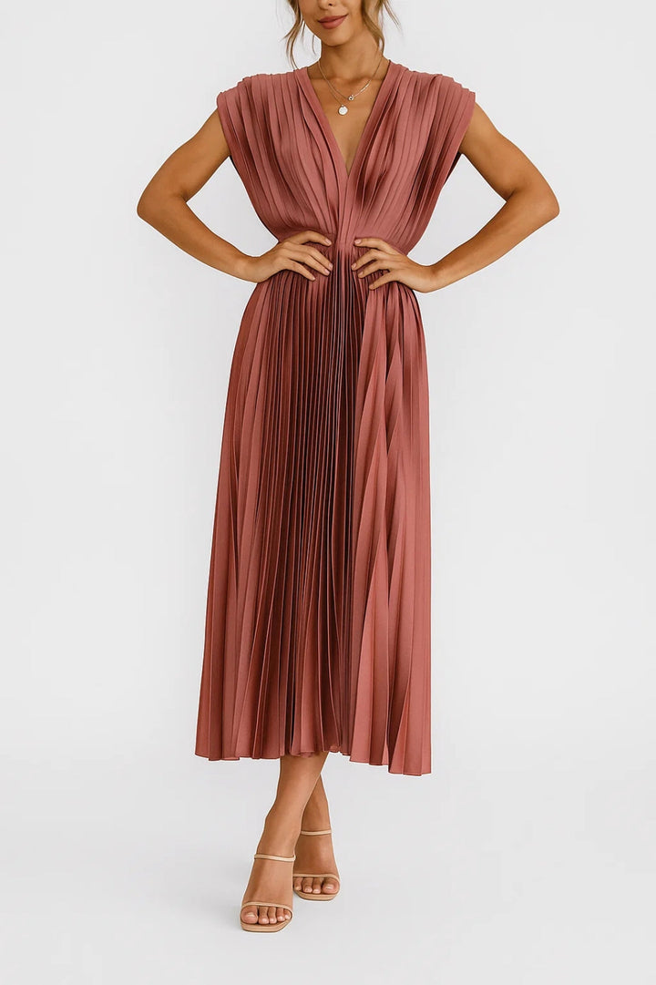 Elegant women's pleated V-neck midi dress with cap sleeves, ideal formal attire for evening wear & parties.
