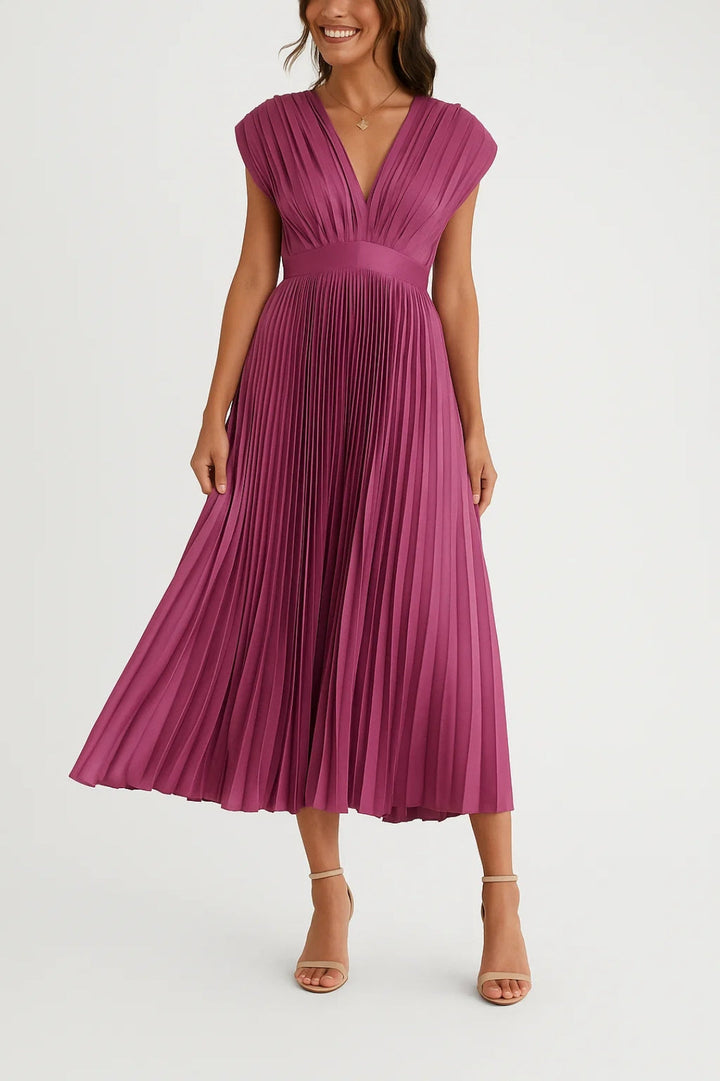 Stylish women's pleated V-neck midi dress, a versatile and elegant option for wedding guests & formal events.