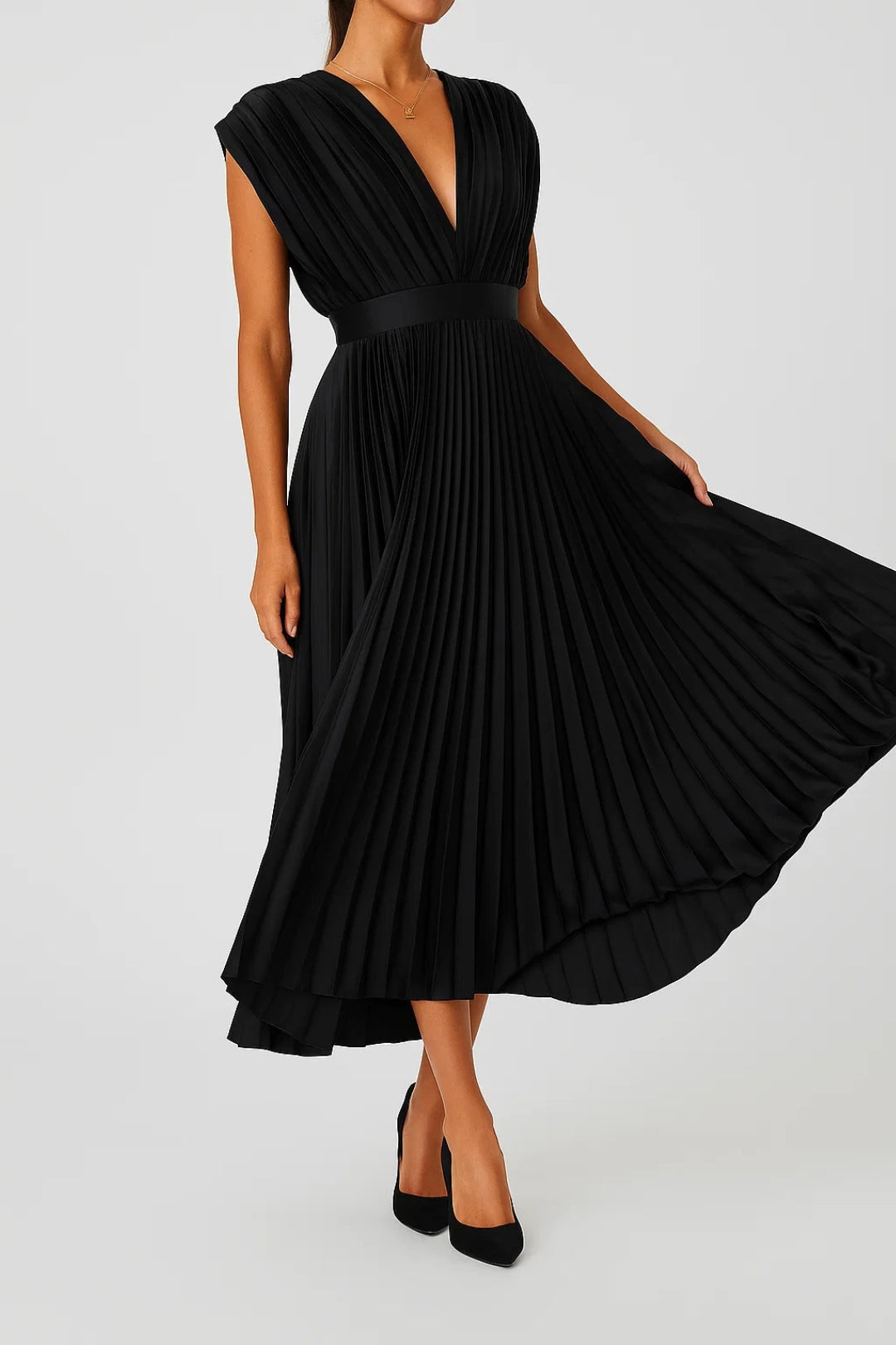 Sophisticated women's V-neck midi dress with graceful pleats & cap sleeves for an elegant wedding guest look.