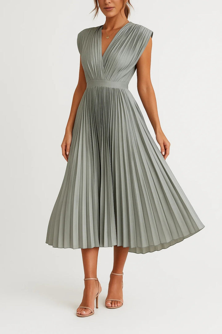 Women's elegant pleated V-neck cap sleeve midi dress for special occasions, formal parties & evening wear.