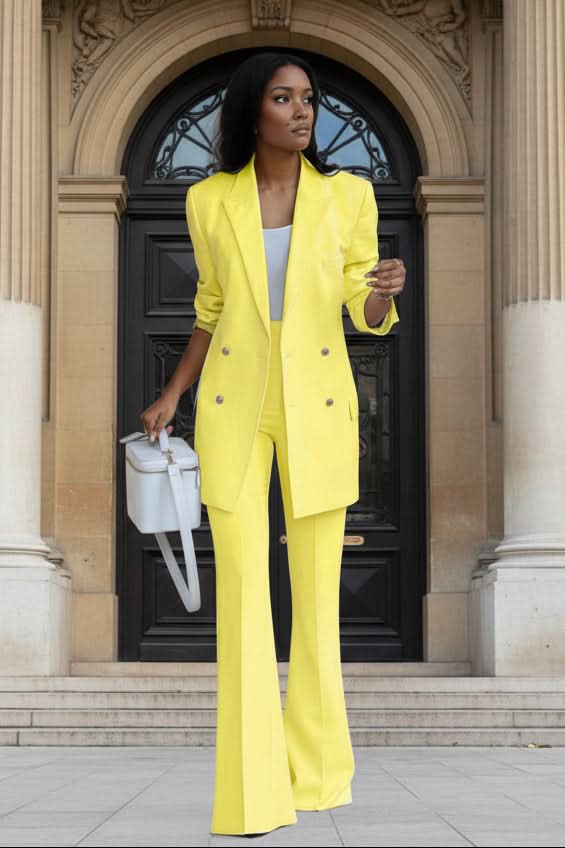 Elegant women's polished pantsuit set, featuring a structured blazer & tailored trousers.