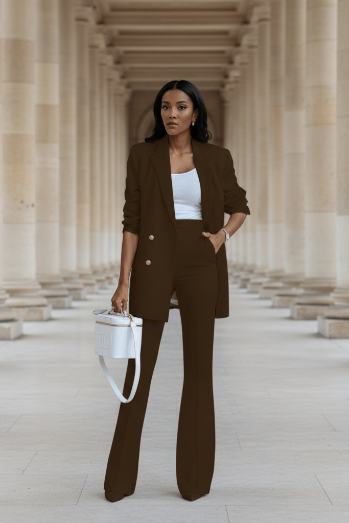 Versatile women's polished blazer suit, an elegant two-piece set for day to night professional wear.