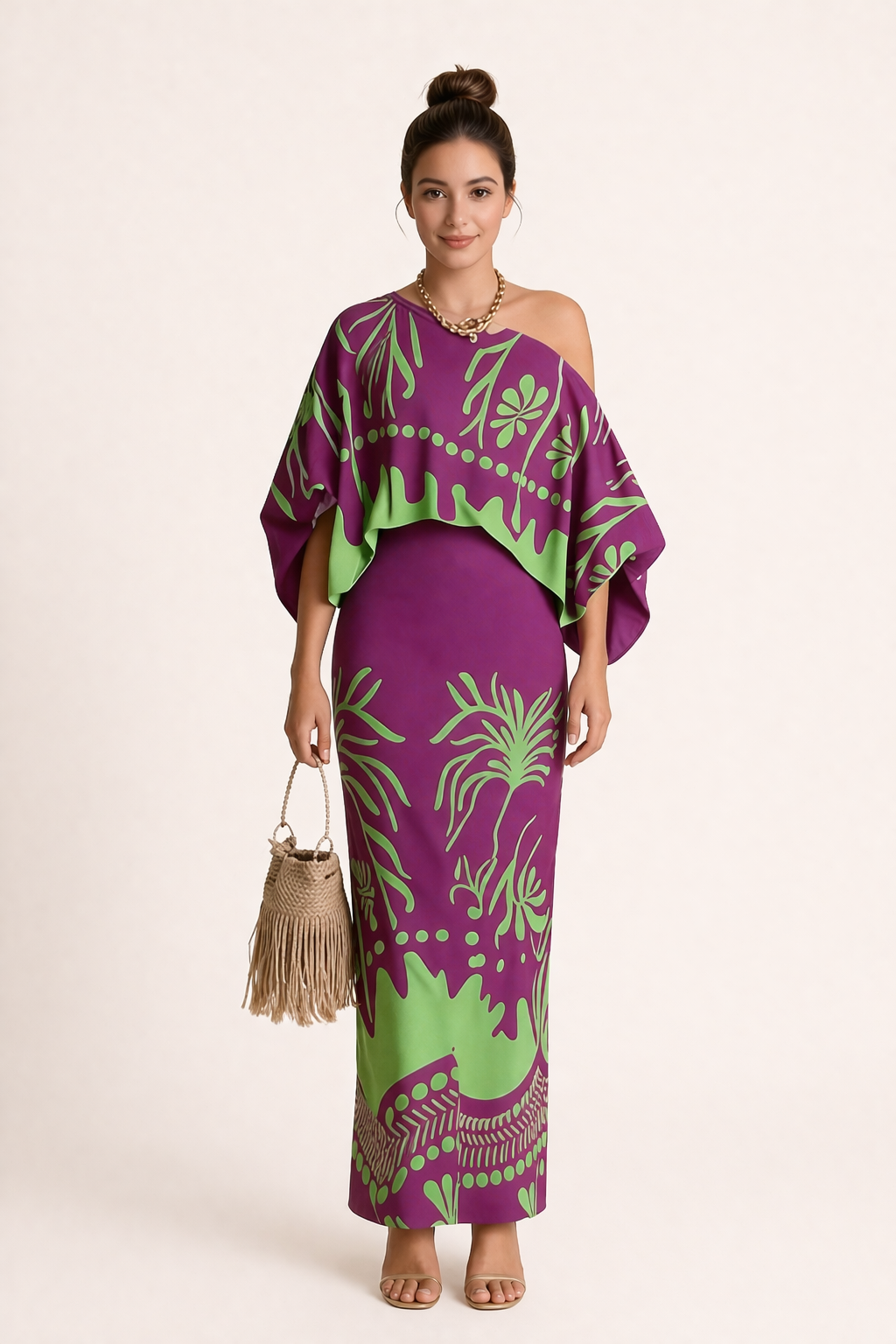 Women's elegant printed maxi skirt & matching blouse set, perfect for summer outings & vacations.