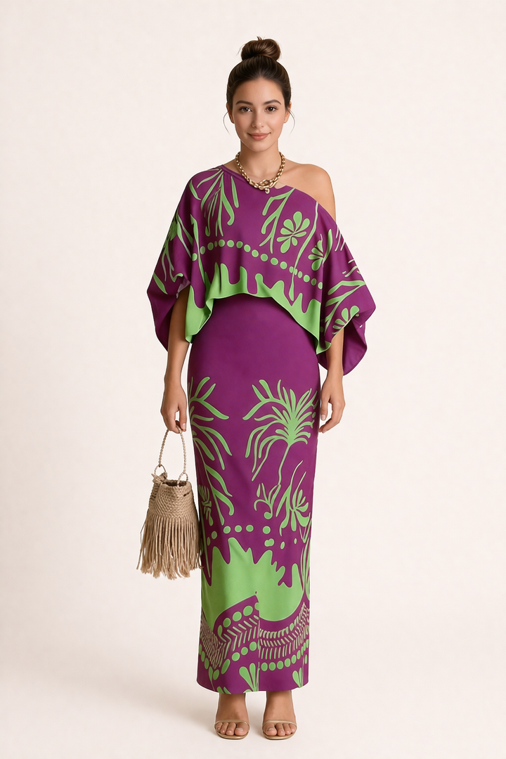Women's elegant printed maxi skirt & matching blouse set, perfect for summer outings & vacations.