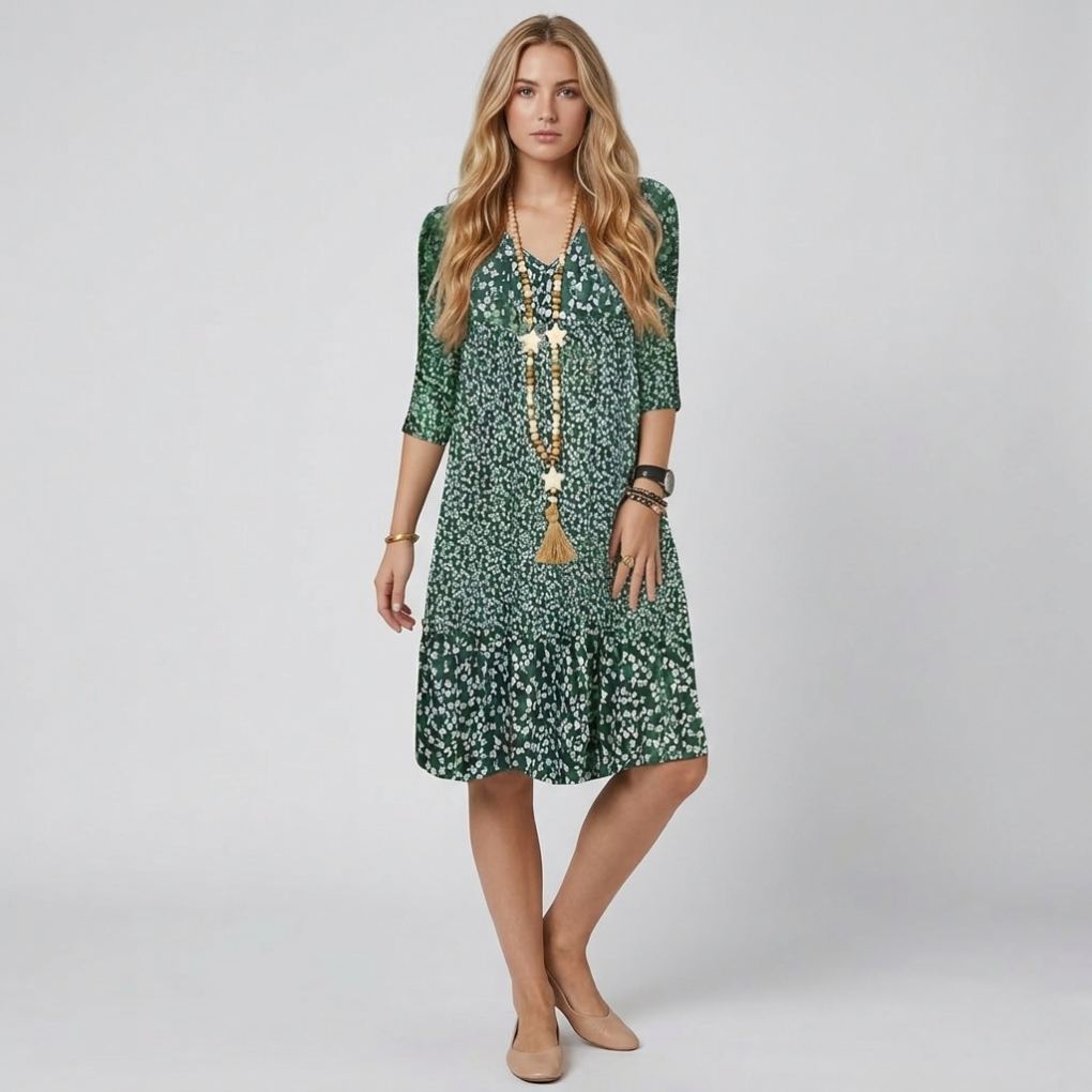Women's elegant printed midi dress with a V-neck and 3/4 sleeves. Perfect A-line flowy style for spring & summer.