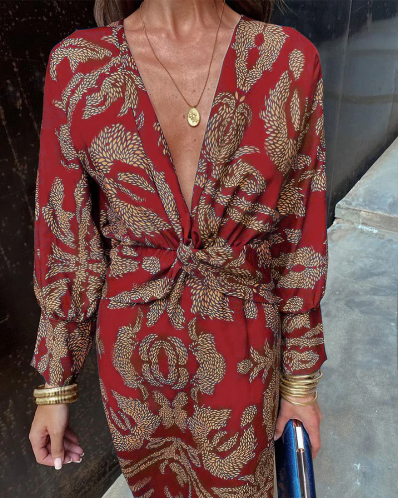 Floral print V-neck long sleeve maxi dress for women, stylish wedding guest & special occasion wear.