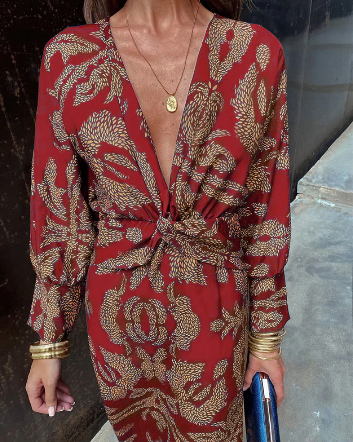 Floral print V-neck long sleeve maxi dress for women, stylish wedding guest & special occasion wear.
