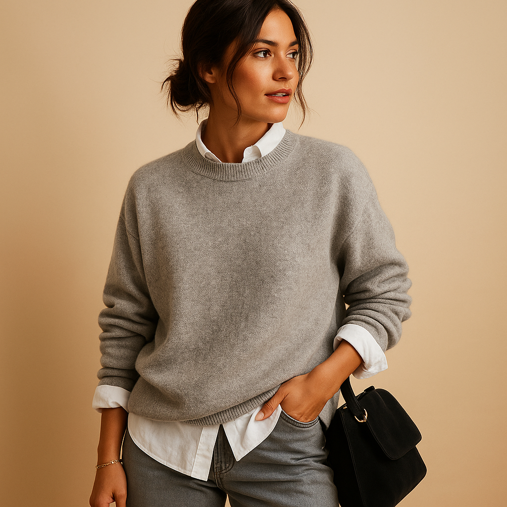 Cozy & elegant women's long-sleeve knit pullover sweater, perfect for comfortable everyday wear, fall & winter style.